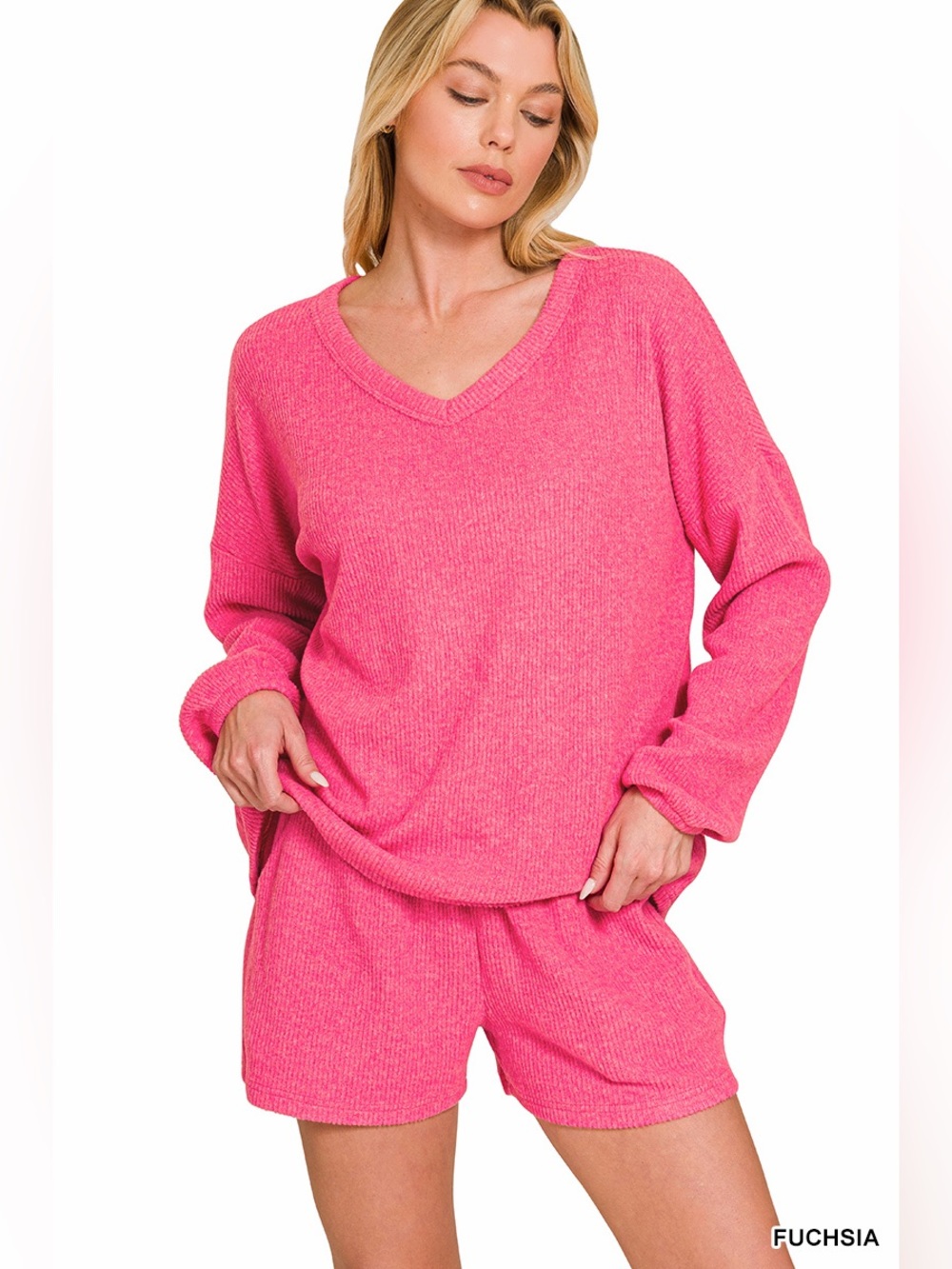 Zenana Ribbed Hacci Set- Fuchsia